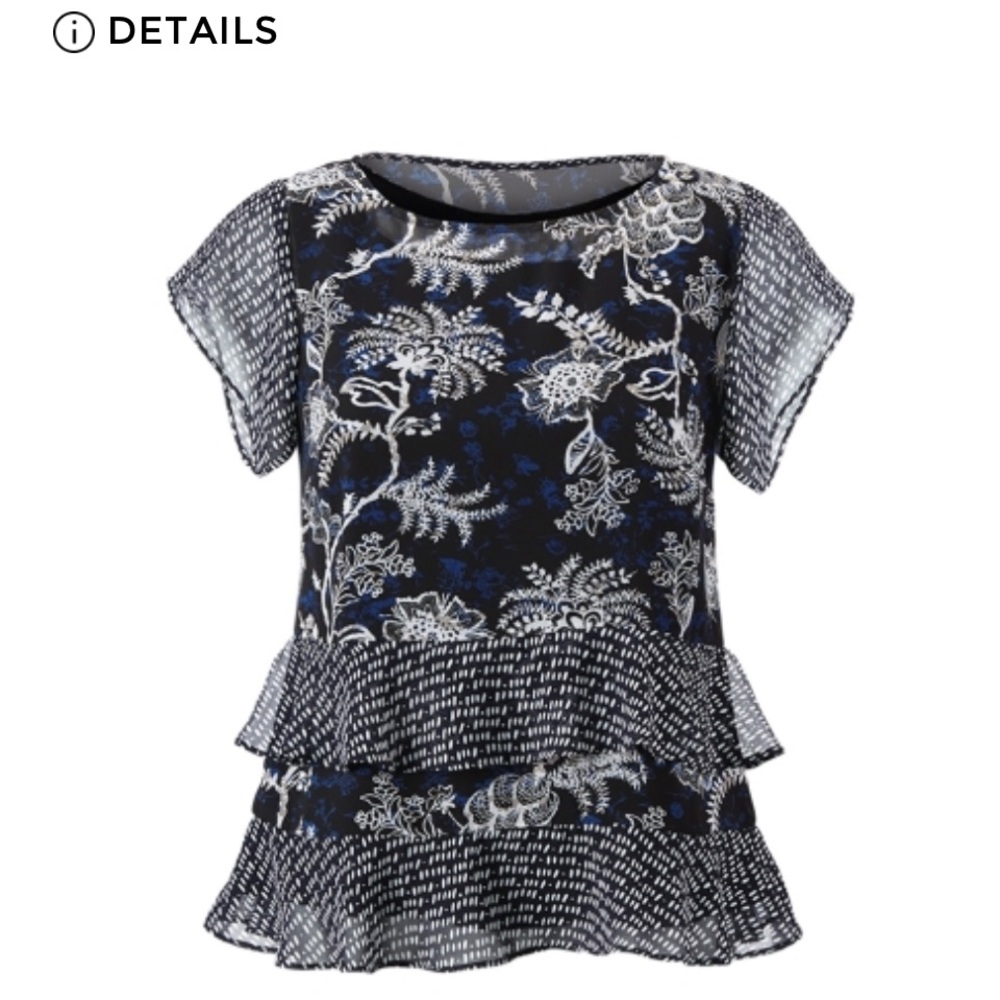 Cabi Hybrid Blouse. Black, Navy and White floral Top